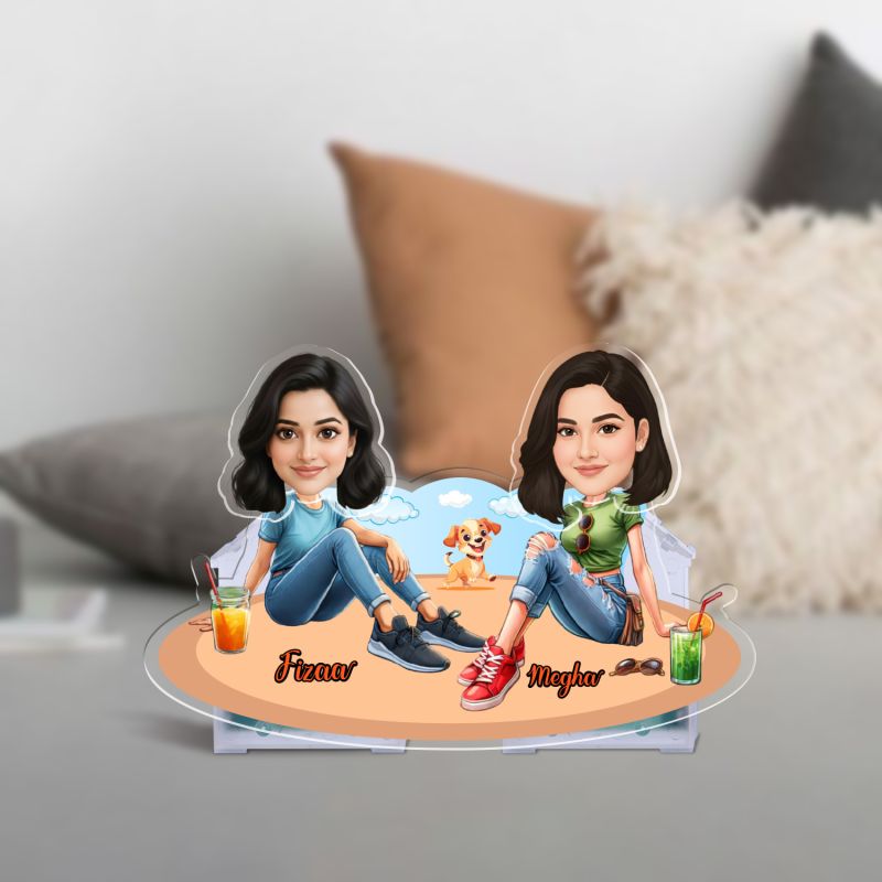 Personalized Best Friends with Dog Bobblehead Caricature Gift for Sisters, Besties & Pet Lovers Tabletop Desk Decor Gift for Birthday & Friendship Day Battery Powered Moving Head